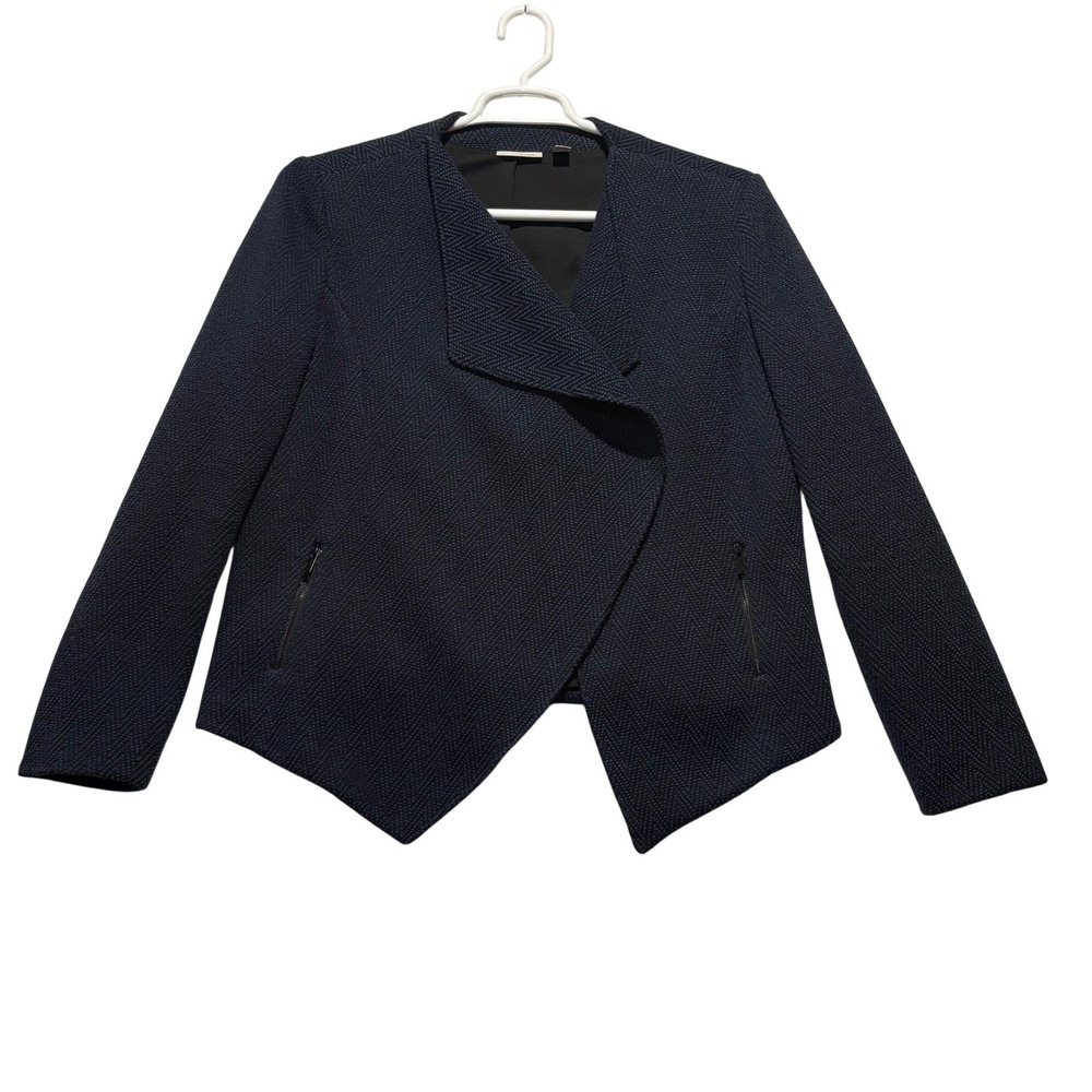 Halogen Women's Dark Blue Textured Asymmetrical Collarless Jacket Size XL